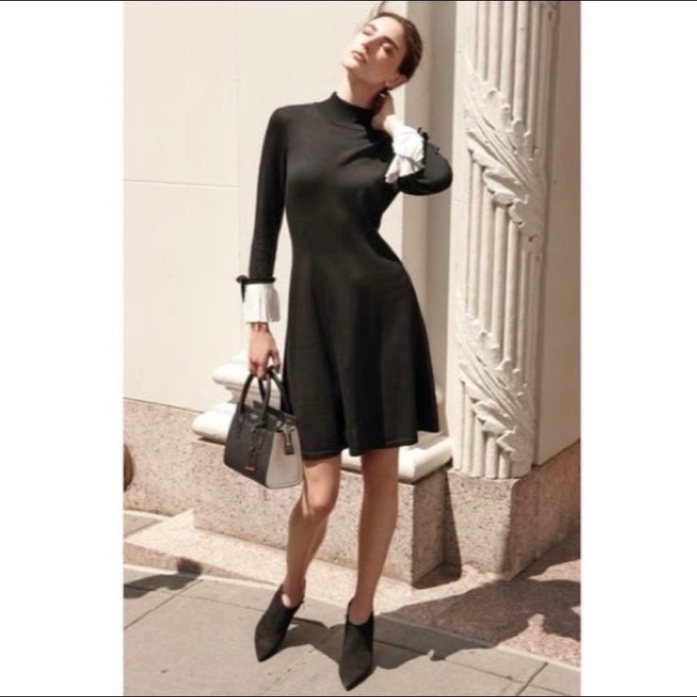CeCe Dress Black Sweater Dress Style with White Pleated Cuffs - NEW Size Large